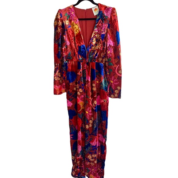 Farm Rio Red Wildlife Snake Garden Floral Velvet Jumpsuit Romper Vivid - Picture 5 of 15